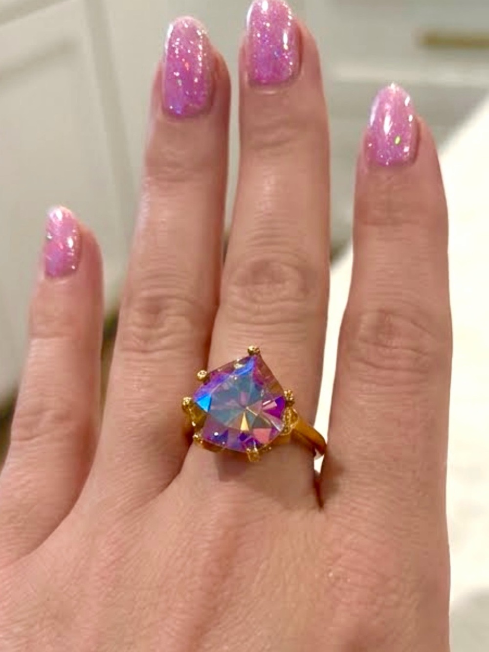 Vintage Utc 925 Sterling Gold Vermeil Iridescent Rainbow Crystal Statement Ring